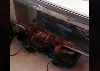 ВИДЕО кое стана хит на ТикТок: Балканец пече прасе на балкон во Германија